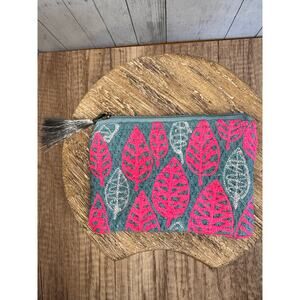 Spring Coin Purse 6 x 4 in Makeup Bag Cotton Pouch Blue Pink Leaves NEW
